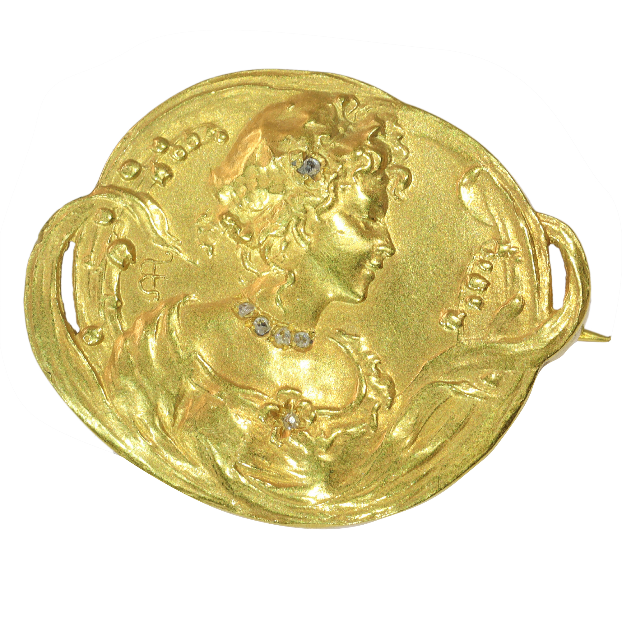Early Art Nouveau gold brooch depicting love in springtime